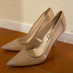 Jessica Simpson nude mesh pumps with rhinestone